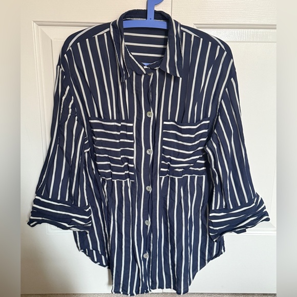 Zara Oversized Navy and White Striped Button-Down Shirt - Picture 1 of 3